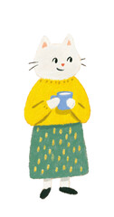 A charming white cat illustration holding a blue mug wearing a yellow sweater and green skirt design isolated white background