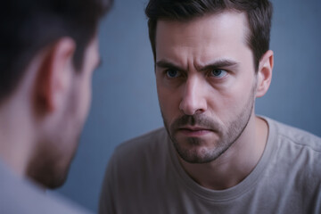 Weight loss transformation concept shown by serious man looking at his reflection in mirror