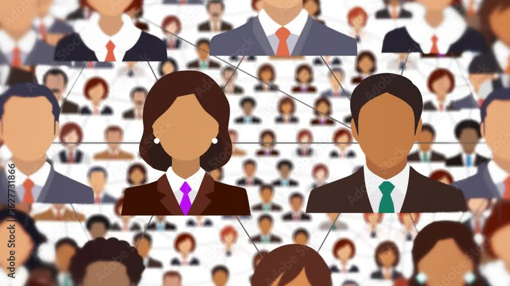 Poster loopable animation of flat design professional avatars linked by lines, showcasing human interaction