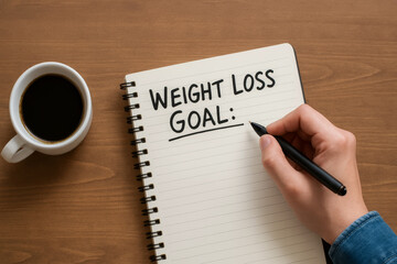 Weight loss transformation concept shown by person writing goals in notebook with coffee nearby