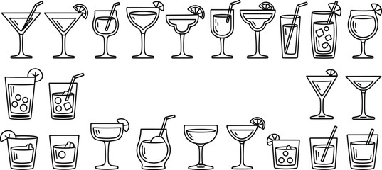Variety of Cocktail and Drink Icons with Straws and Garnishes, Vector Illustration