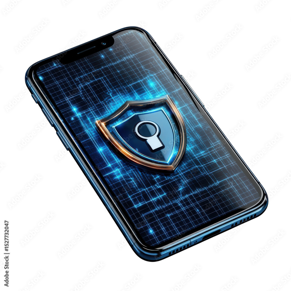 Poster secure mobile technology phone data protection digital security shield on transparent background