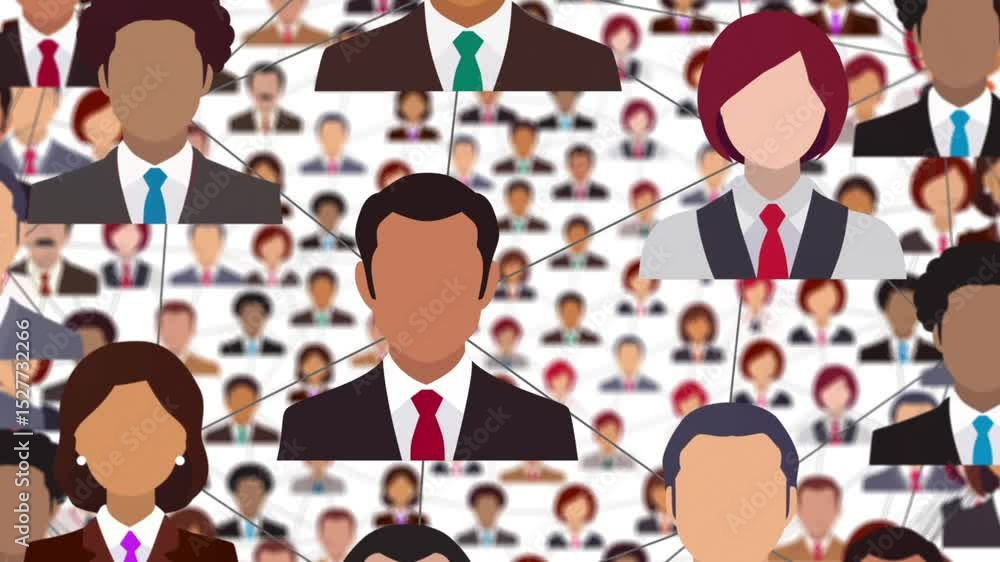 Poster loopable animation of flat design professional avatars linked by lines, showcasing human interaction