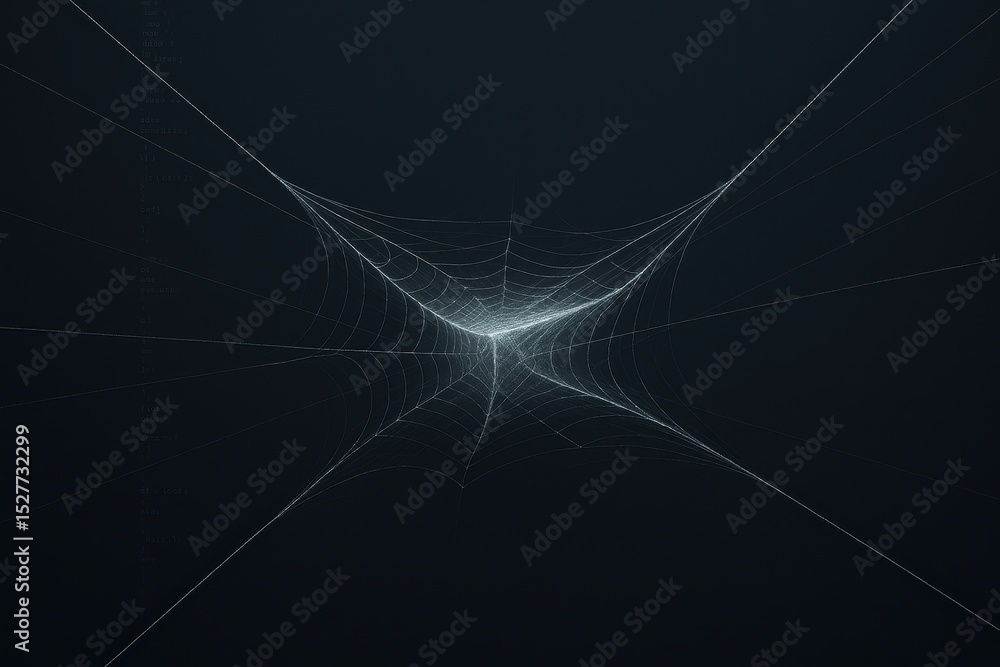 Poster sophisticated ransomware cyberattack depicted as an intricate web on a dark background, signifying t