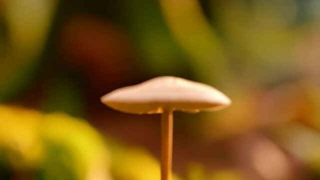 Solitary woodland mushroom, delicate parasol fungi with a tall, thin stem and blurred autumnal backdrop, illuminated by soft, diffused sunlight on forest floor
