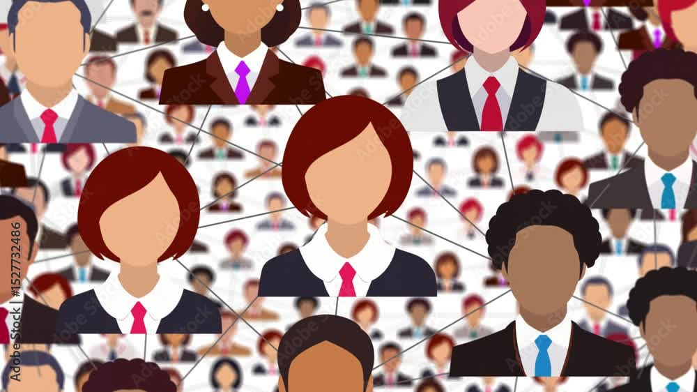 Poster loopable animation of flat design professional avatars linked by lines, showcasing human interaction