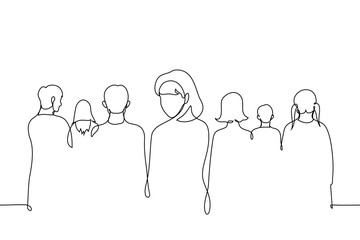 woman turned around and looks straight at camera, portrait without face - one line art vector. concept one person notices among crowd of people with their backs turned