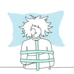 woman in straitjacket lies with head on pillow, top view - one line art vector. concept violent mental hospital patient laid down and immobilized, metaphor of metering, paralysis