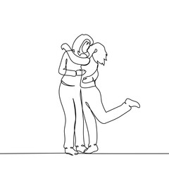 women kissing, one of them raised leg - one line art vector. concept young homosexual female lovers kissing