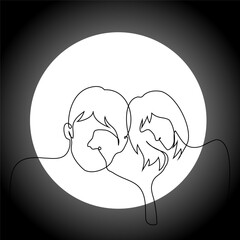 man and woman looking through a round hole into a camera - one line art vector. concept scientists looking under a microscope, observing at a distance or through a tube