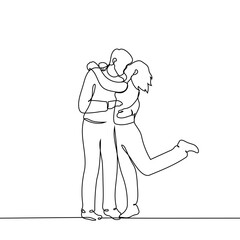 man and woman kissing, woman raised leg - one line art vector. concept young heterosexual lovers kissing