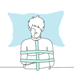 man in a tame shirt lies with his head on a pillow, top view - one line art vector. concept violent mental hospital patient laid down in bed and immobilized, metaphor of metering, paralysis
