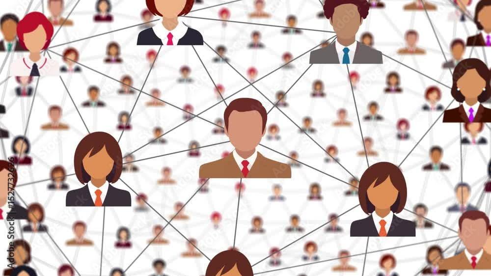Poster loopable animation of flat design professional avatars linked by lines, showcasing human interaction
