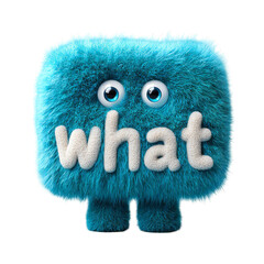 A fluffy blue monster with googly eyes and the word what written on its body against a black background isolated white background