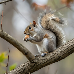 Fototapeta premium Squirrel Sitting on a Tree Enjoying a Nut