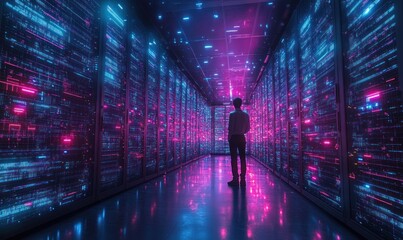 Futuristic server room with a lone figure