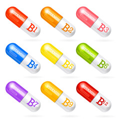 Vitamin B, set of individual capsules of vitamins of group B. White background. Copy space