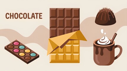 Delightful world chocolate day illustration showcasing chocolate bars, candy and a hot beverage