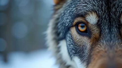 Macro Close-Up of Wild Wolf’s Eye with Amber Iris and Detailed Fur Texture in Winter Forest   © ZAHL IMAGES