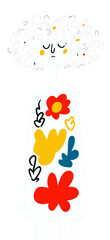 Stylized figure with floral dress and curly hair expressing a sad emotion in a simple art style isolated white background