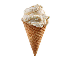 A single vanilla ice cream cone with a waffle cone on a plain black background in a studio shot isolated white background