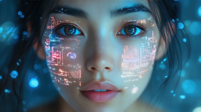 Futuristic woman with digital face overlay