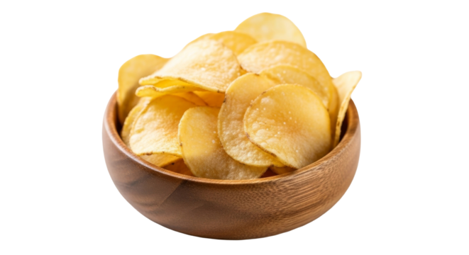 Crispy potato chips overflowing wooden bowl