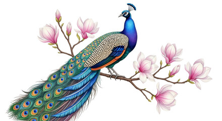 Elegant peacock amidst blooming magnolias