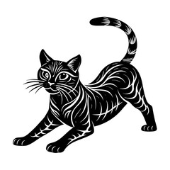 Fototapeta premium A silhouette of a cat in a stretching pose on a white background.