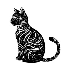 A silhouette of a sitting cat with its tail curled around its body on a white background