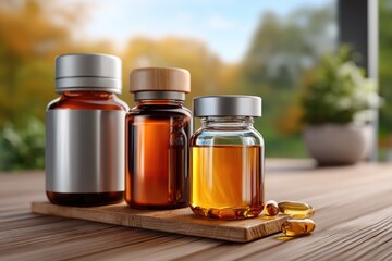 Vitamin and supplement bottles with clear labels arranged on a wooden table