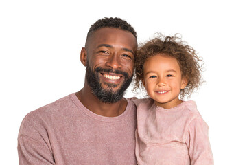 A smiling father with beard and daughter with curly hair posing together on a black background isolated white background