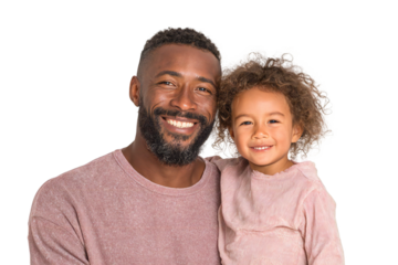 A smiling father with beard and daughter with curly hair posing together on a black background isolated white background