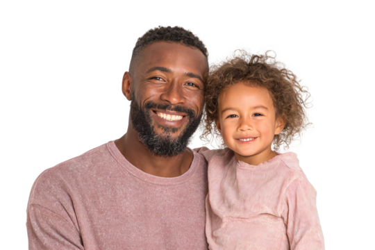 A smiling father with beard and daughter with curly hair posing together on a black background isolated white background