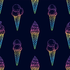 Seamless pattern of various ice cream treats including cones, popsicles, and sundaes, creating a vibrant and playful pattern suitable for summer-themed designs