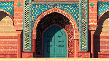 Obraz premium Striking Mughal architecture, featuring a vibrant teal door framed by red brick and intricate blue geometric tilework, bathed in warm sunlight