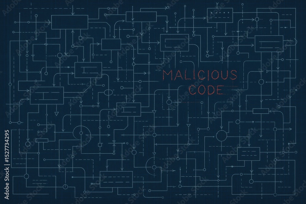Poster supply chain attack depicting malicious code in data flow diagram on a dark blue background