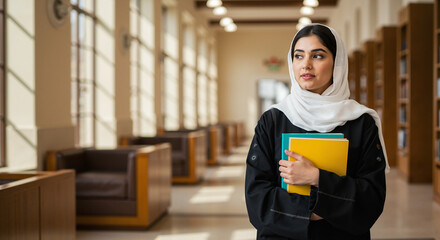 Young woman in abaya holding books while standing in library  