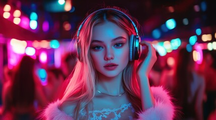 Young Blonde Woman Wearing Headphones at Night Party Photo. Fictional Character Created By Generative AI
