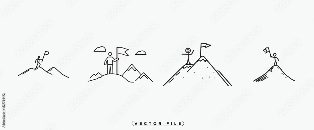 Poster stick figure reaching the summit with flag in hand vector set
