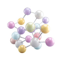 A pastel colored molecular structure with spheres and rods on a black background in a studio shot isolated white background