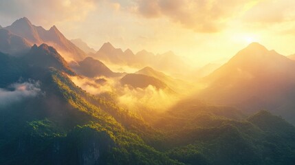 Fototapeta premium A serene mountain range bathed in golden sunrise light, mist rolling over the peaks, lush greenery in the foreground, a peaceful landscape