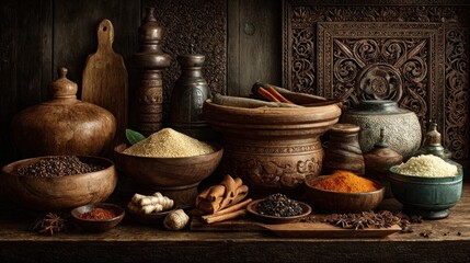 Exotic Spices and Wooden Vessels: A Rustic Culinary Still Life Composition