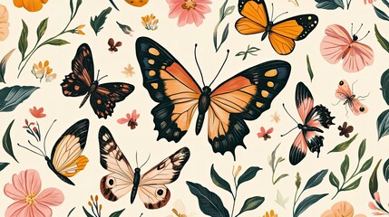 A seamless pattern of butterflies and flowers