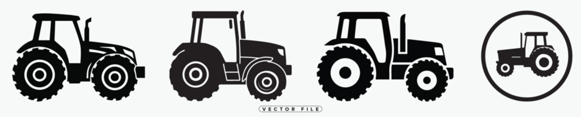 Tractor Silhouette Collection Farm Equipment Vector Icons in Black and White