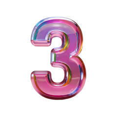 A glossy pink number three with iridescent reflections against a black background in digital art isolated white background