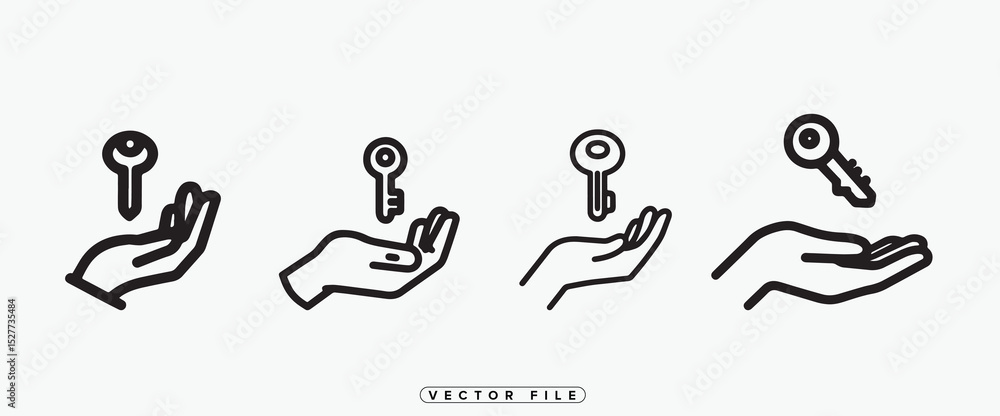 Poster hand holding key icon set security access and solution concepts