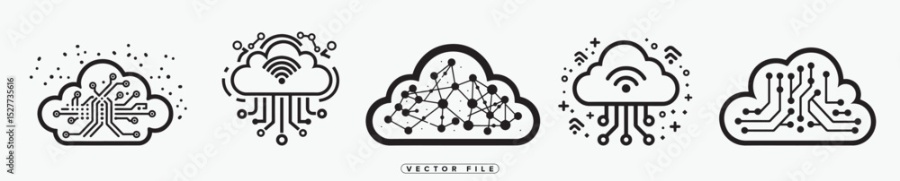 Poster cloud computing icons set with circuit board and network symbols