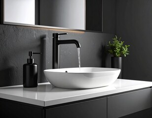 Fototapeta premium Minimalist matte black faucet with a soft water flow over a sleek white basin, glossy
