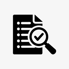 Checklist document icon with magnifying glass and check mark symbol in black silhouette

